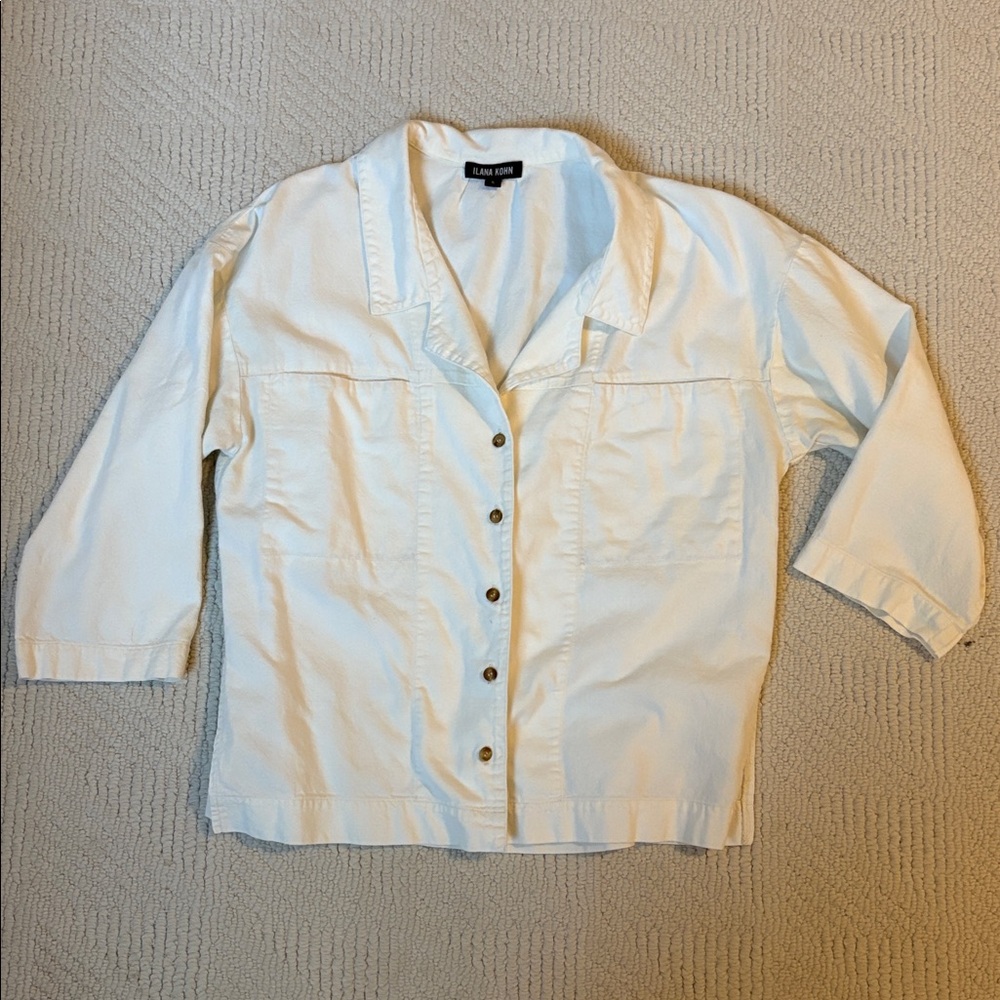 Ilana Kohn Womens Ivory Woven Cotton Collared Button 3/4 Sleeve Top Sz S